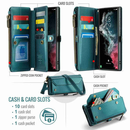 For Samsung Galaxy S22 Ultra 5G CaseMe C36 Card Slots Zipper Wallet RFID Anti-theft Leather Phone Case(Blue-green)