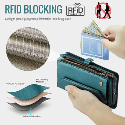 For Samsung Galaxy S22 5G CaseMe C36 Card Slots Zipper Wallet RFID Anti-theft Leather Phone Case(Blue-green)