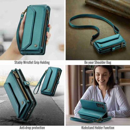 For Samsung Galaxy S22 5G CaseMe C36 Card Slots Zipper Wallet RFID Anti-theft Leather Phone Case(Blue-green)