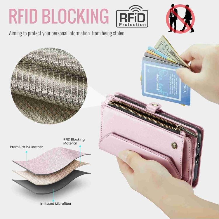 For Samsung Galaxy S22 5G CaseMe C36 Card Slots Zipper Wallet RFID Anti-theft Leather Phone Case(Pink)