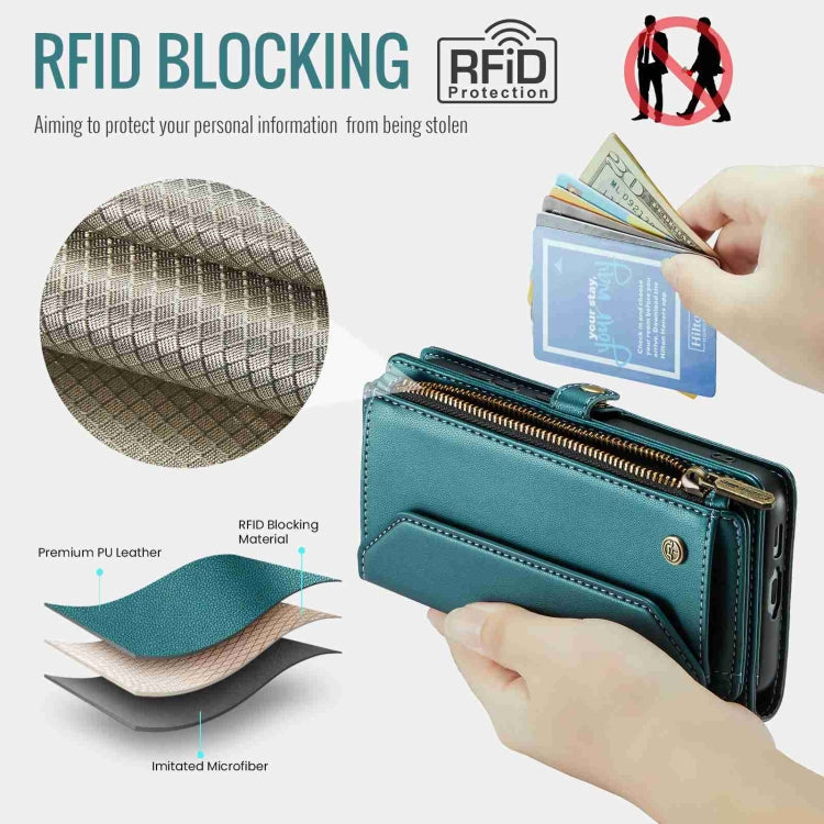For Samsung Galaxy S23 FE 5G CaseMe C36 Card Slots Zipper Wallet RFID Anti-theft Leather Phone Case(Blue-green)
