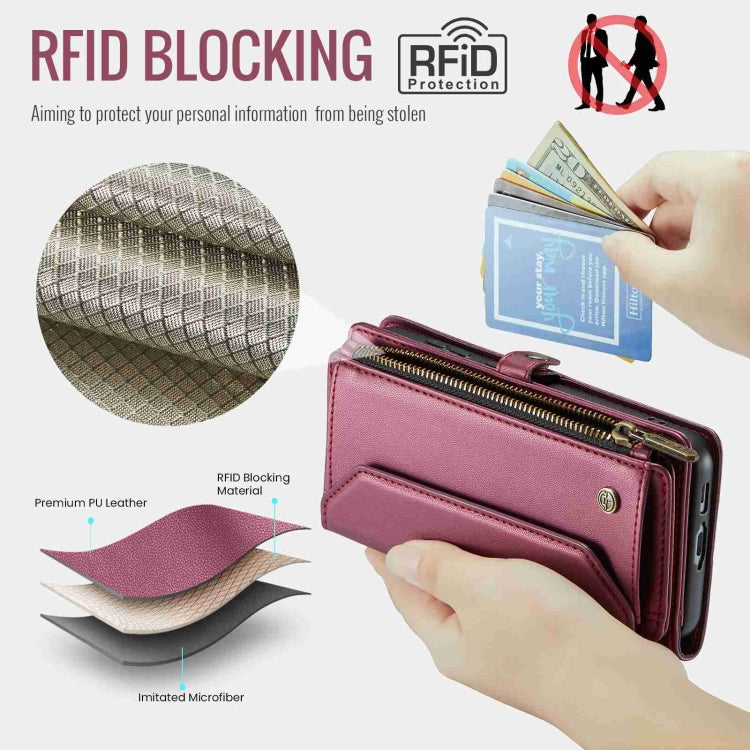 For Samsung Galaxy S23+ 5G CaseMe C36 Card Slots Zipper Wallet RFID Anti-theft Leather Phone Case(Wine Red)