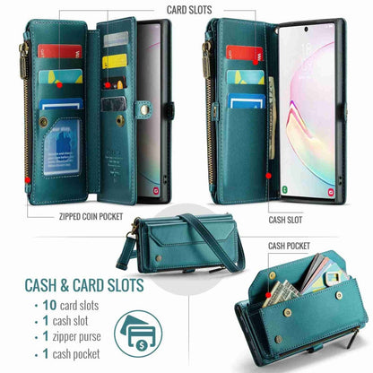 For Samsung Galaxy Note10+ CaseMe C36 Card Slots Zipper Wallet RFID Anti-theft Leather Phone Case(Blue-green)