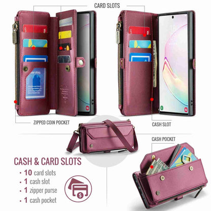 For Samsung Galaxy Note10+ CaseMe C36 Card Slots Zipper Wallet RFID Anti-theft Leather Phone Case(Wine Red)