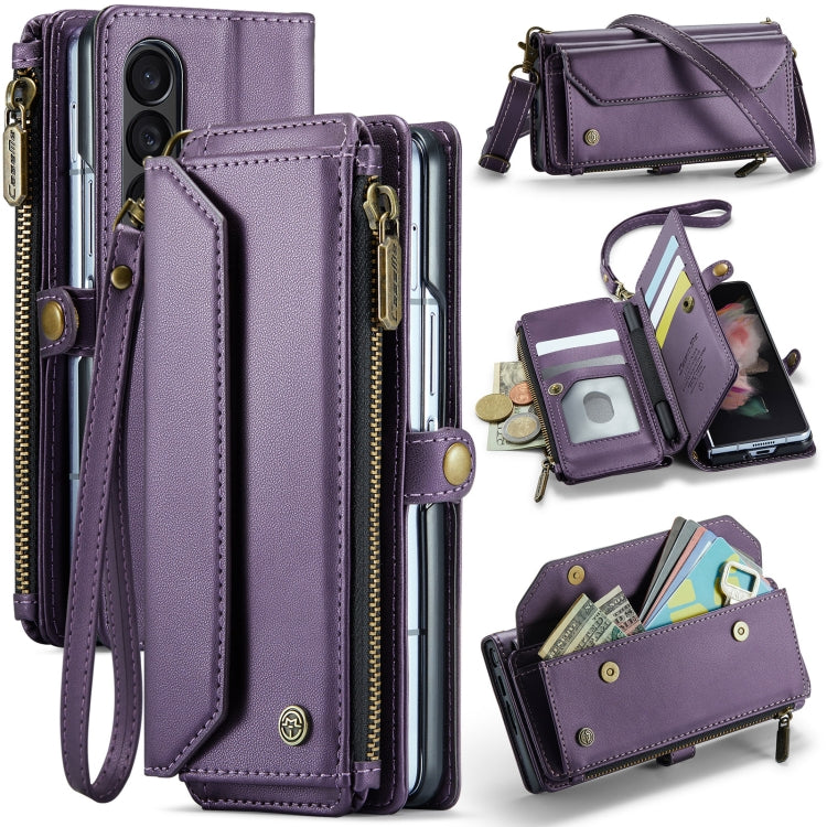 For Samsung Galaxy Z Fold3 CaseMe C36 Card Slots Zipper Wallet RFID Anti-theft Leather Phone Case(Purple)