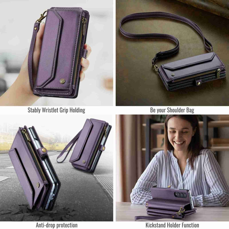 For Samsung Galaxy Z Fold3 CaseMe C36 Card Slots Zipper Wallet RFID Anti-theft Leather Phone Case(Purple)