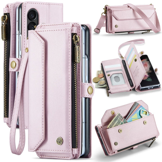For Samsung Galaxy Z Fold3 CaseMe C36 Card Slots Zipper Wallet RFID Anti-theft Leather Phone Case(Pink)