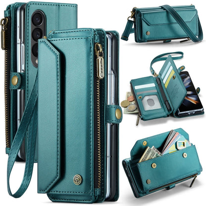 For Samsung Galaxy Z Fold4 CaseMe C36 Card Slots Zipper Wallet RFID Anti-theft Leather Phone Case(Blue-green)