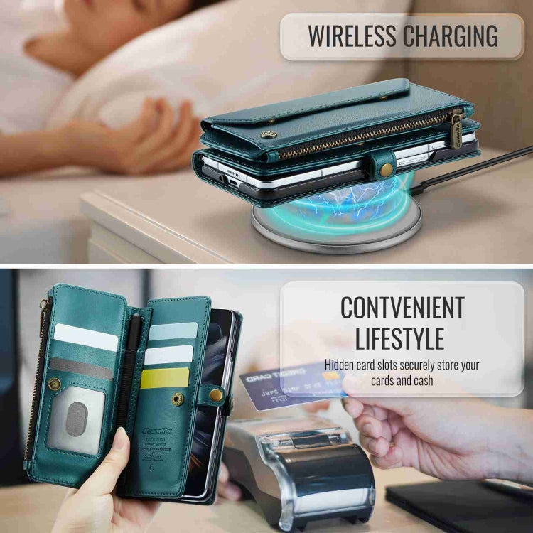 For Samsung Galaxy Z Fold4 CaseMe C36 Card Slots Zipper Wallet RFID Anti-theft Leather Phone Case(Blue-green)