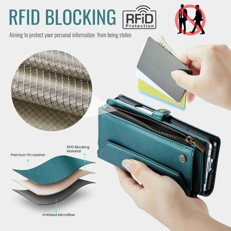 For Samsung Galaxy Z Fold4 CaseMe C36 Card Slots Zipper Wallet RFID Anti-theft Leather Phone Case(Blue-green)