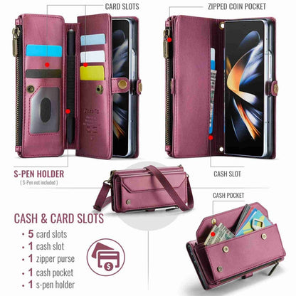 For Samsung Galaxy Z Fold4 CaseMe C36 Card Slots Zipper Wallet RFID Anti-theft Leather Phone Case(Wine Red)