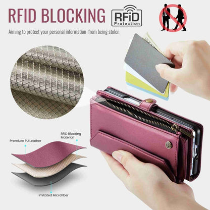 For Samsung Galaxy Z Fold4 CaseMe C36 Card Slots Zipper Wallet RFID Anti-theft Leather Phone Case(Wine Red)