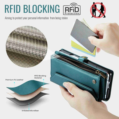 For Samsung Galaxy Z Fold5 CaseMe C36 Card Slots Zipper Wallet RFID Anti-theft Leather Phone Case(Blue-green)