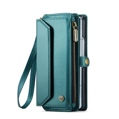 For Samsung Galaxy Z Fold6 5G CaseMe C36 Card Slots Zipper Wallet RFID Anti-theft Leather Phone Case(Blue-green)