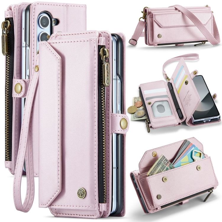 Pour Samsung Galaxy Z Fold6 5G Étui de téléphone en cuir avec fentes pour cartes, portefeuille zippé, anti-vol RFID CaseMe C36 (rose)