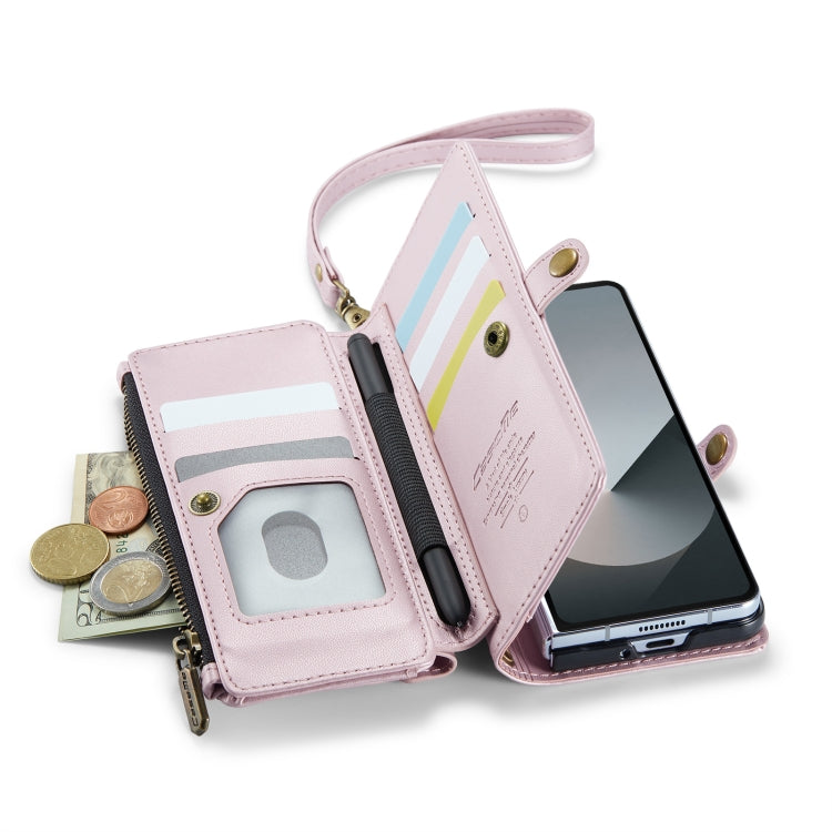 Pour Samsung Galaxy Z Fold6 5G Étui de téléphone en cuir avec fentes pour cartes, portefeuille zippé, anti-vol RFID CaseMe C36 (rose)