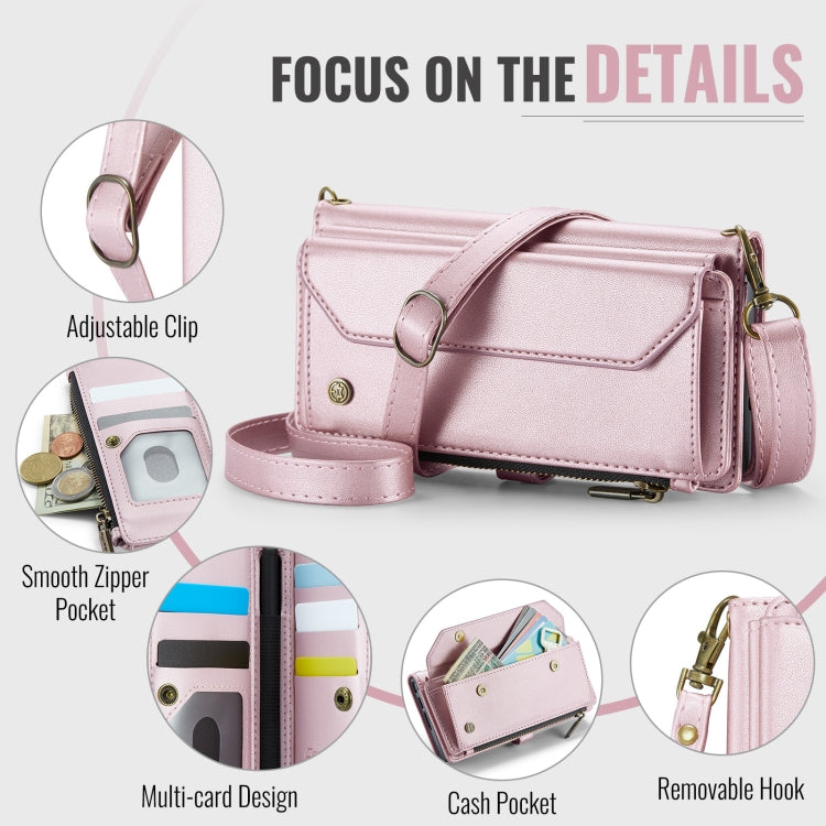 Pour Samsung Galaxy Z Fold6 5G Étui de téléphone en cuir avec fentes pour cartes, portefeuille zippé, anti-vol RFID CaseMe C36 (rose)