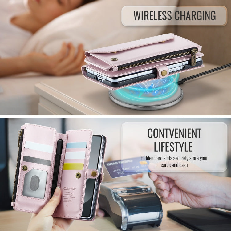 Pour Samsung Galaxy Z Fold6 5G Étui de téléphone en cuir avec fentes pour cartes, portefeuille zippé, anti-vol RFID CaseMe C36 (rose)