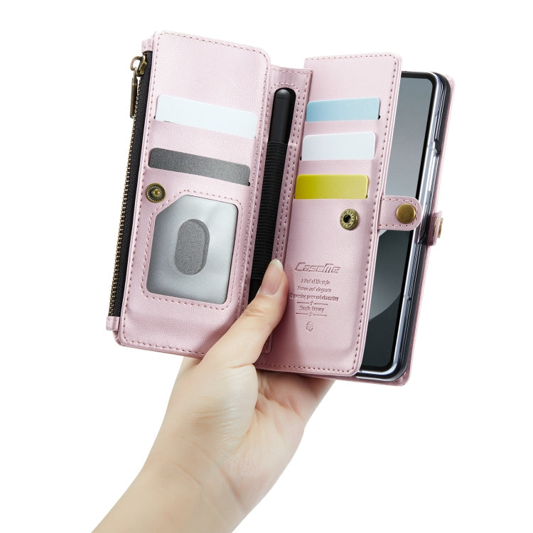 Pour Samsung Galaxy Z Fold6 5G Étui de téléphone en cuir avec fentes pour cartes, portefeuille zippé, anti-vol RFID CaseMe C36 (rose)