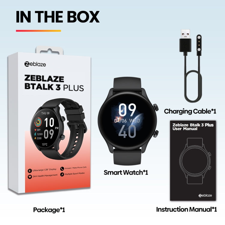 Zeblaze Btalk 3 Plus Montre intelligente de fitness et bien-être avec écran de 1,39 pouces et prise en charge des appels vocaux (Noir)