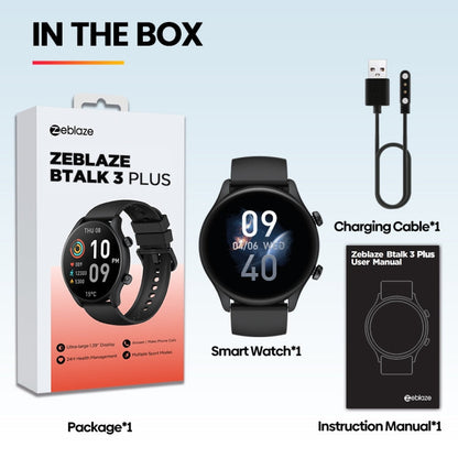 Zeblaze Btalk 3 Plus Montre intelligente de fitness et bien-être avec écran de 1,39 pouces et prise en charge des appels vocaux (Noir)
