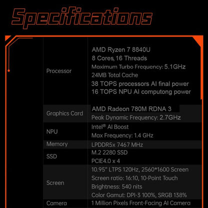 ONE-NETBOOK OneXPlayer X1 10.95 inch Handheld Game Console, 64GB+4TB, Windows 11 AMD Ryzen 7 8840U(Black)