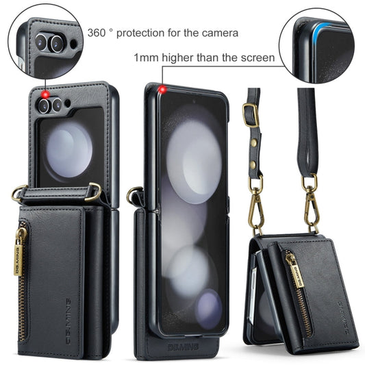 For Samsung Galaxy Z Flip5 5G DG.MING M5 Series Zip RFID Multi Card Detachable Leather Phone Case with Long Lanyard(Black)