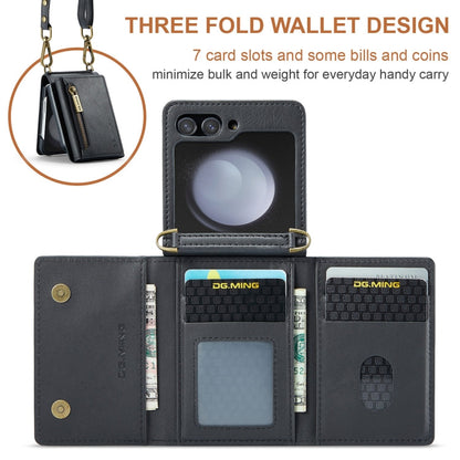 For Samsung Galaxy Z Flip5 5G DG.MING M5 Series Zip RFID Multi Card Detachable Leather Phone Case with Long Lanyard(Black)
