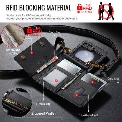 For Samsung Galaxy Z Flip5 5G DG.MING M5 Series Zip RFID Multi Card Detachable Leather Phone Case with Long Lanyard(Black)