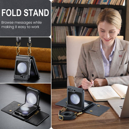 For Samsung Galaxy Z Flip5 5G DG.MING M5 Series Zip RFID Multi Card Detachable Leather Phone Case with Long Lanyard(Black)