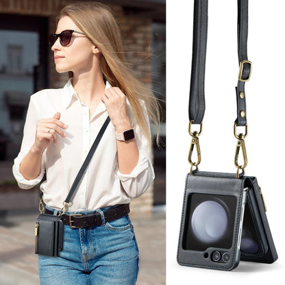 For Samsung Galaxy Z Flip5 5G DG.MING M5 Series Zip RFID Multi Card Detachable Leather Phone Case with Long Lanyard(Black)
