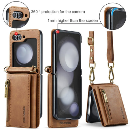 For Samsung Galaxy Z Flip5 5G DG.MING M5 Series Zip RFID Multi Card Detachable Leather Phone Case with Long Lanyard(Brown)