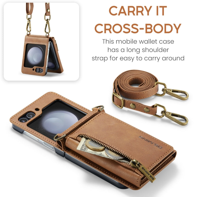 For Samsung Galaxy Z Flip5 5G DG.MING M5 Series Zip RFID Multi Card Detachable Leather Phone Case with Long Lanyard(Brown)