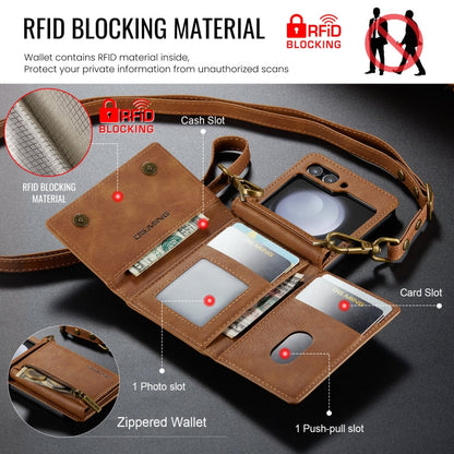 For Samsung Galaxy Z Flip5 5G DG.MING M5 Series Zip RFID Multi Card Detachable Leather Phone Case with Long Lanyard(Brown)