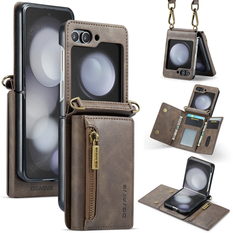 For Samsung Galaxy Z Flip5 5G DG.MING M5 Series Zip RFID Multi Card Detachable Leather Phone Case with Long Lanyard(Coffee)