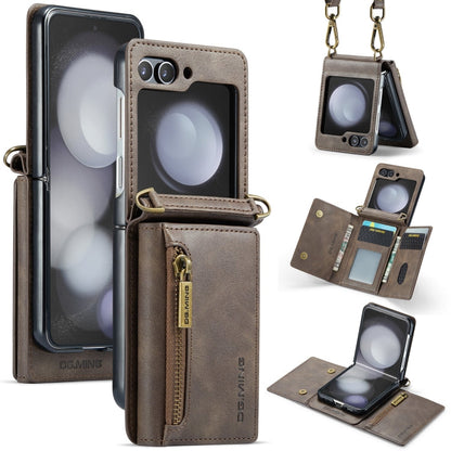For Samsung Galaxy Z Flip5 5G DG.MING M5 Series Zip RFID Multi Card Detachable Leather Phone Case with Long Lanyard(Coffee)