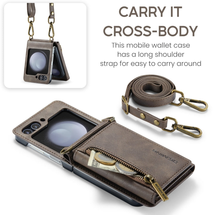For Samsung Galaxy Z Flip5 5G DG.MING M5 Series Zip RFID Multi Card Detachable Leather Phone Case with Long Lanyard(Coffee)