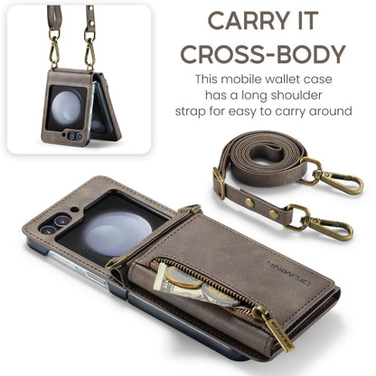 For Samsung Galaxy Z Flip5 5G DG.MING M5 Series Zip RFID Multi Card Detachable Leather Phone Case with Long Lanyard(Coffee)