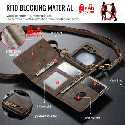 For Samsung Galaxy Z Flip5 5G DG.MING M5 Series Zip RFID Multi Card Detachable Leather Phone Case with Long Lanyard(Coffee)