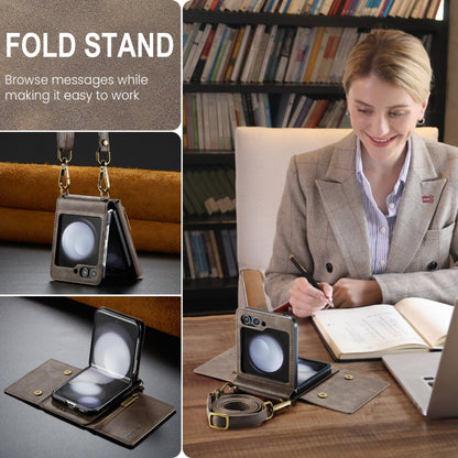 For Samsung Galaxy Z Flip5 5G DG.MING M5 Series Zip RFID Multi Card Detachable Leather Phone Case with Long Lanyard(Coffee)