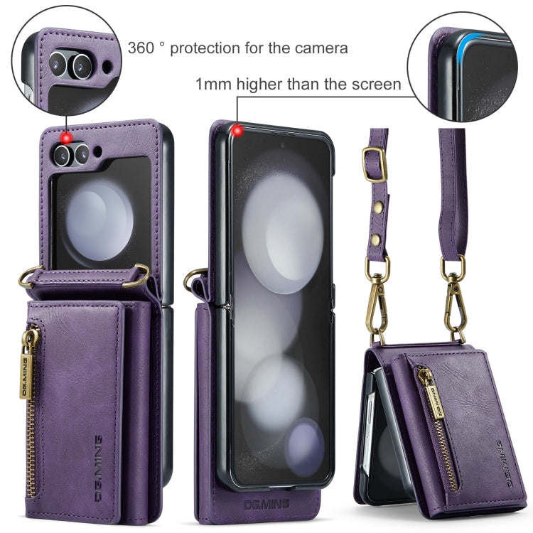 For Samsung Galaxy Z Flip5 5G DG.MING M5 Series Zip RFID Multi Card Detachable Leather Phone Case with Long Lanyard(Purple)