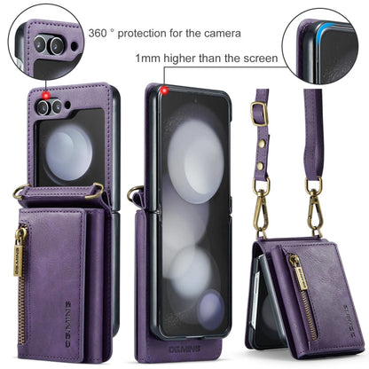 For Samsung Galaxy Z Flip5 5G DG.MING M5 Series Zip RFID Multi Card Detachable Leather Phone Case with Long Lanyard(Purple)