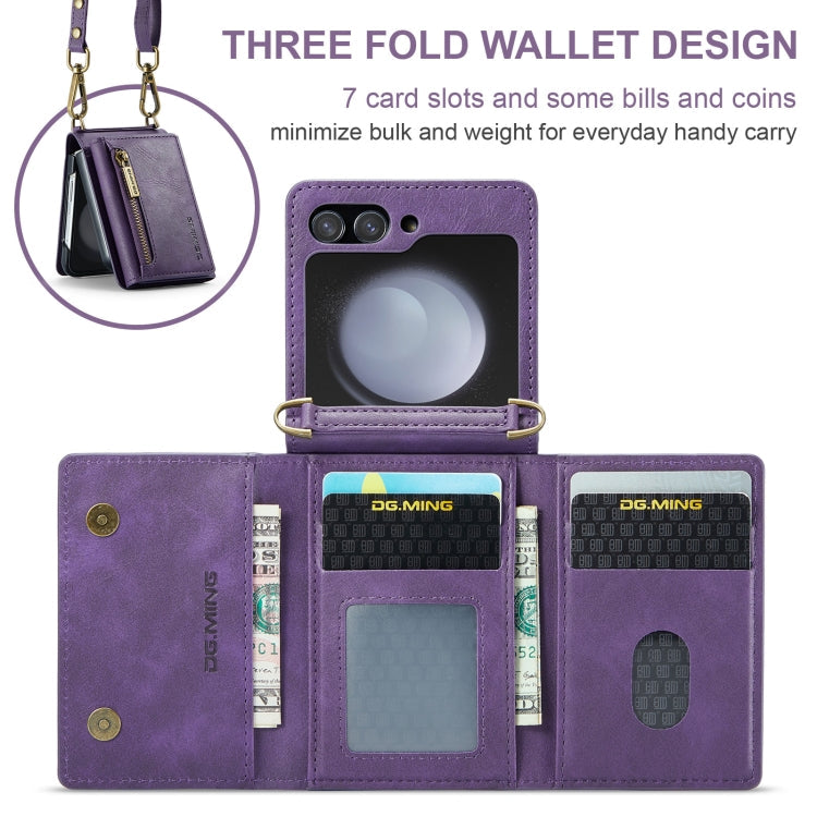 For Samsung Galaxy Z Flip5 5G DG.MING M5 Series Zip RFID Multi Card Detachable Leather Phone Case with Long Lanyard(Purple)