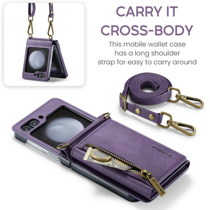 For Samsung Galaxy Z Flip5 5G DG.MING M5 Series Zip RFID Multi Card Detachable Leather Phone Case with Long Lanyard(Purple)