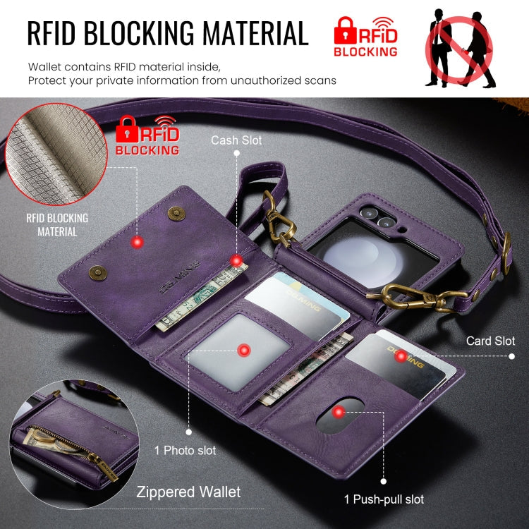 For Samsung Galaxy Z Flip5 5G DG.MING M5 Series Zip RFID Multi Card Detachable Leather Phone Case with Long Lanyard(Purple)