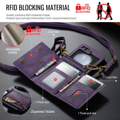 For Samsung Galaxy Z Flip5 5G DG.MING M5 Series Zip RFID Multi Card Detachable Leather Phone Case with Long Lanyard(Purple)