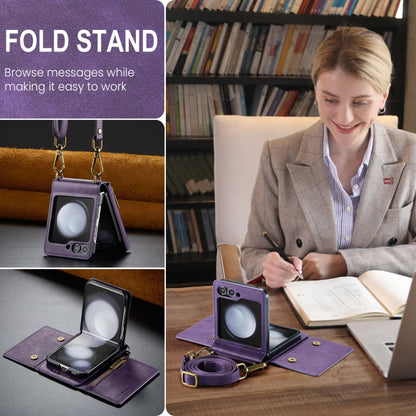 For Samsung Galaxy Z Flip5 5G DG.MING M5 Series Zip RFID Multi Card Detachable Leather Phone Case with Long Lanyard(Purple)