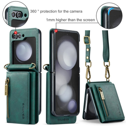 For Samsung Galaxy Z Flip5 5G DG.MING M5 Series Zip RFID Multi Card Detachable Leather Phone Case with Long Lanyard(Green)