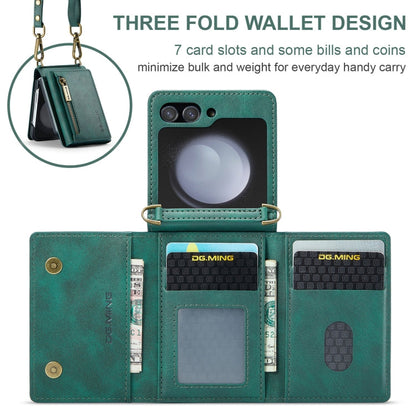 For Samsung Galaxy Z Flip5 5G DG.MING M5 Series Zip RFID Multi Card Detachable Leather Phone Case with Long Lanyard(Green)