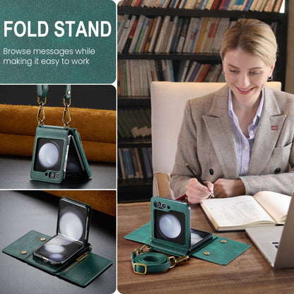 For Samsung Galaxy Z Flip5 5G DG.MING M5 Series Zip RFID Multi Card Detachable Leather Phone Case with Long Lanyard(Green)